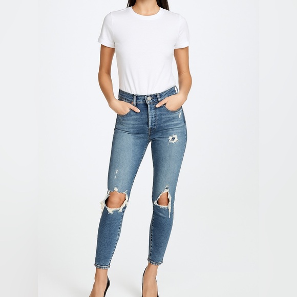 Levi's Denim - Levis Wedgie Skinny Womens 24 Blue High Waisted Rise Distressed Jeans Button Fly